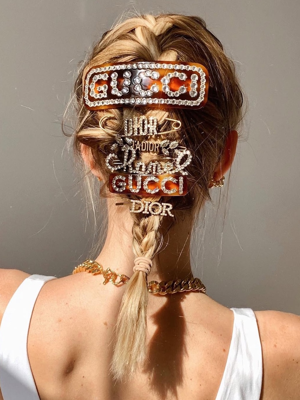Gucci Crystal Logo Hair Barrette Clip Brown Gold Rhinestone Authentic